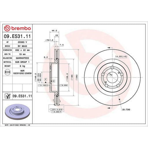 Brembo 2 x Internally Vented Front Brake Discs 09.E531.11