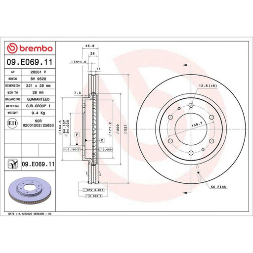 Brembo 2 x Internally Vented Front Brake Discs 09.E069.11