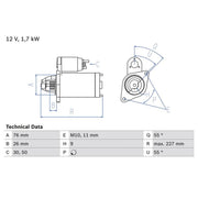 Bosch Starter Motor 12V 1.7kW 9 Teeth 0 986 022 010