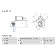 Bosch Starter Motor 24V 4kW 9 Teeth 0 986 021 000