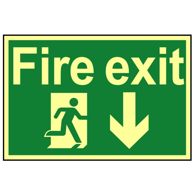 Scan Fire Exit Running Man Arrow Down - Photoluminescent 300 x 200mm - 1580