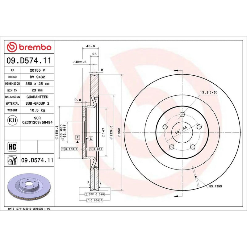 Brembo 2 x Internally Vented Front Brake Discs 09.D574.11