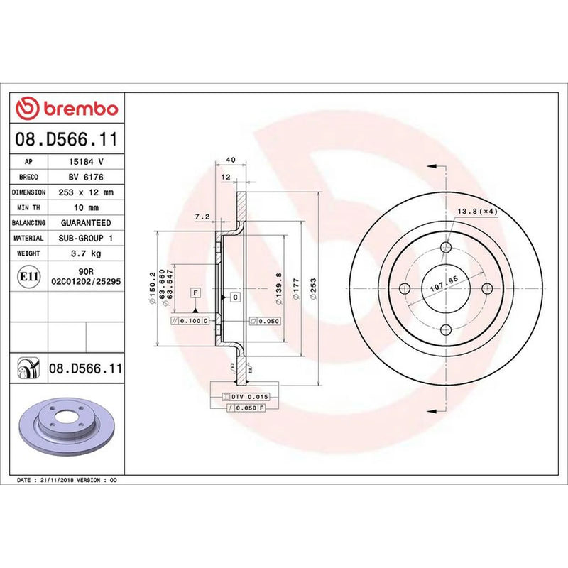 Brembo 2 x Solid Rear Brake Discs 08.D566.11