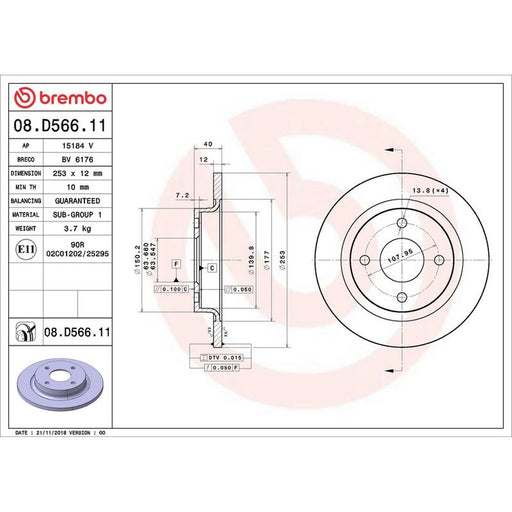 Brembo 2 x Solid Rear Brake Discs 08.D566.11