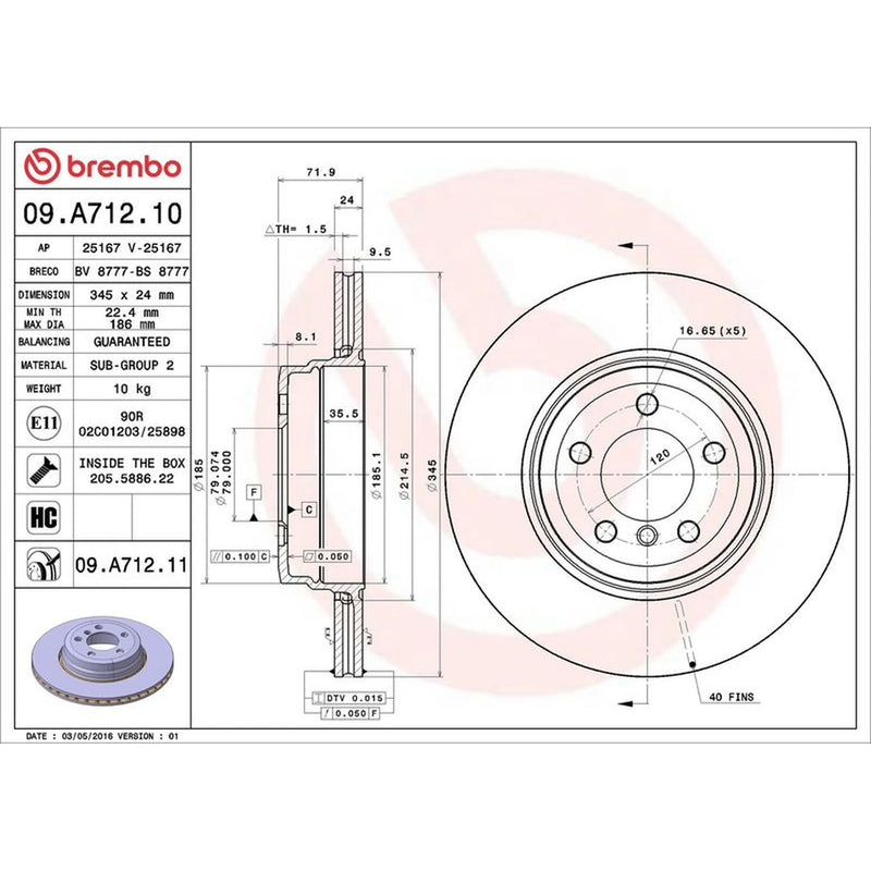 Brembo 2 x Internally Vented Rear Brake Discs 09.A712.11
