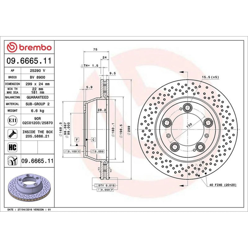 Brembo 2 x Perforated/Vented Rear Brake Discs 09.6665.11