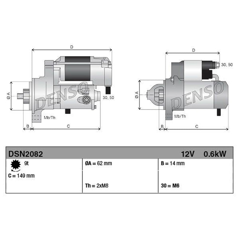 Denso Starter Motor 12V 0.6kW 9 Teeth DSN2082