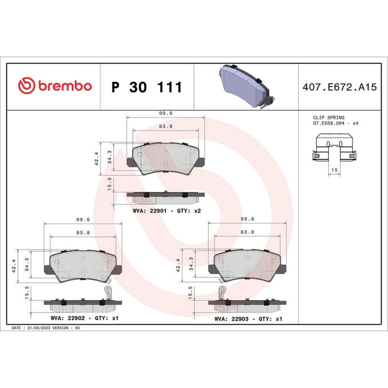 Brembo 4 x Rear Brake Pad Set P30111