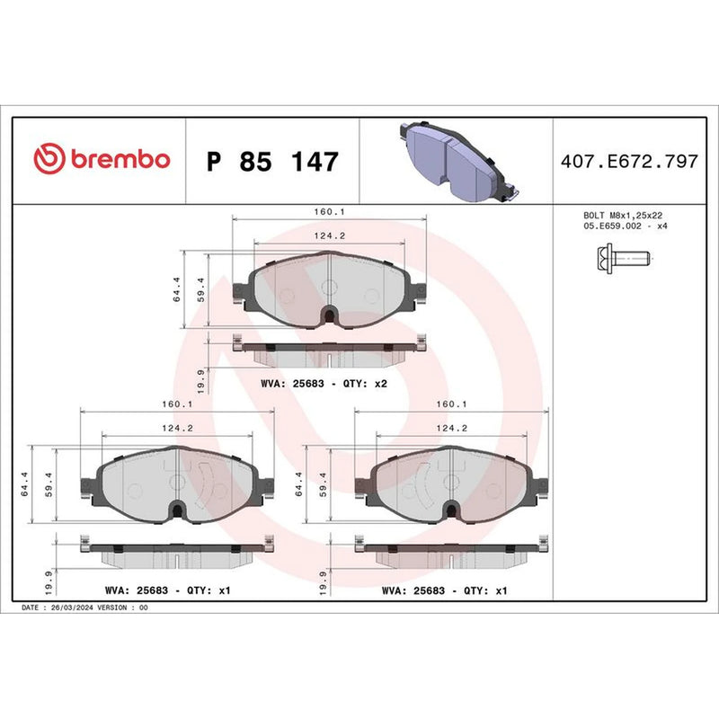 Brembo 4 x Front Brake Pad Set P85147