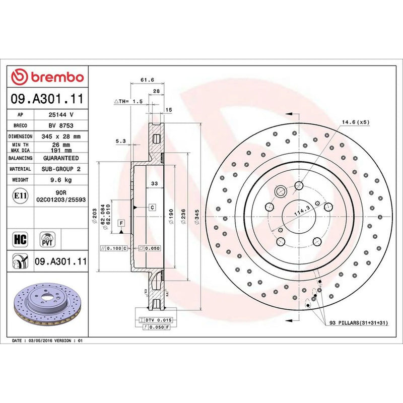 Brembo 2 x Perforated/Vented Rear Brake Discs 09.A301.11