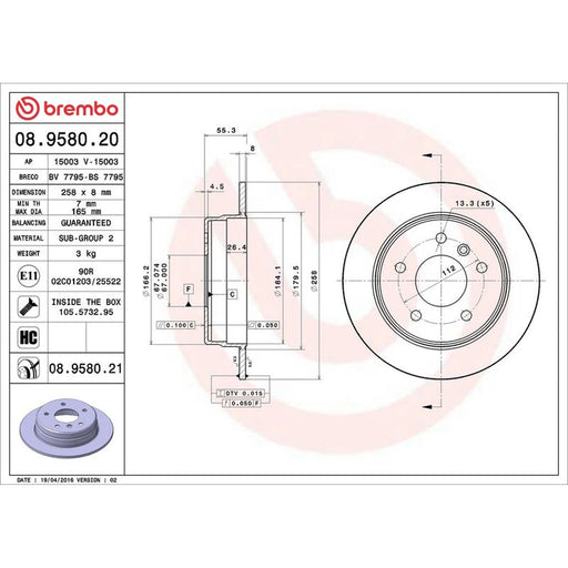 Brembo 2 x Solid Rear Brake Discs 08.9580.21