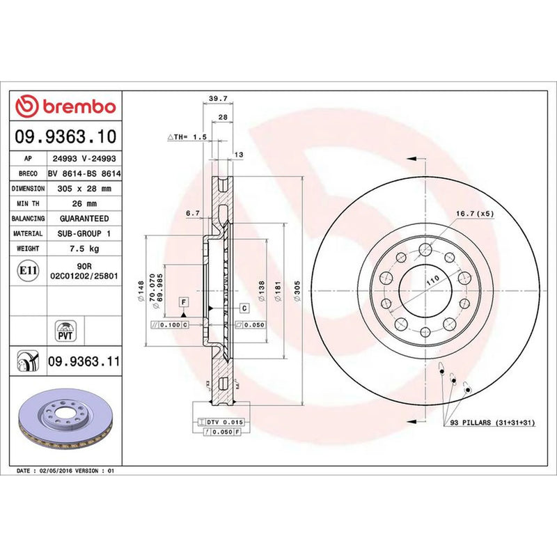 Brembo 2 x Front Brake Discs 09.9363.11