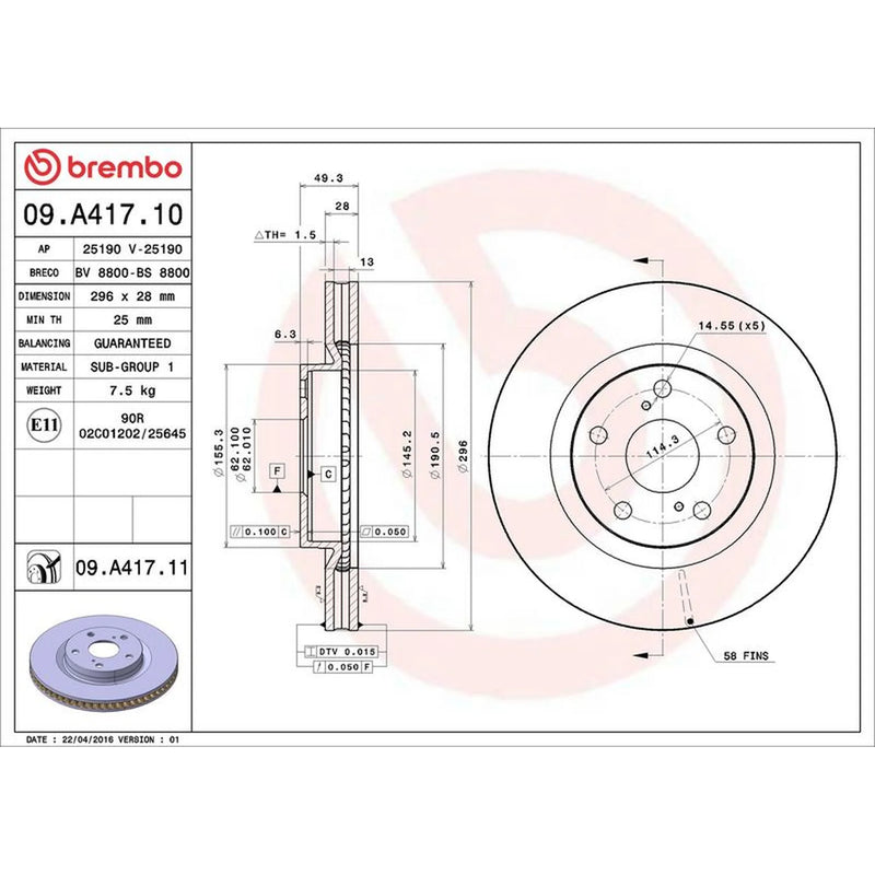Brembo 2 x Internally Vented Front Brake Discs 09.A417.11