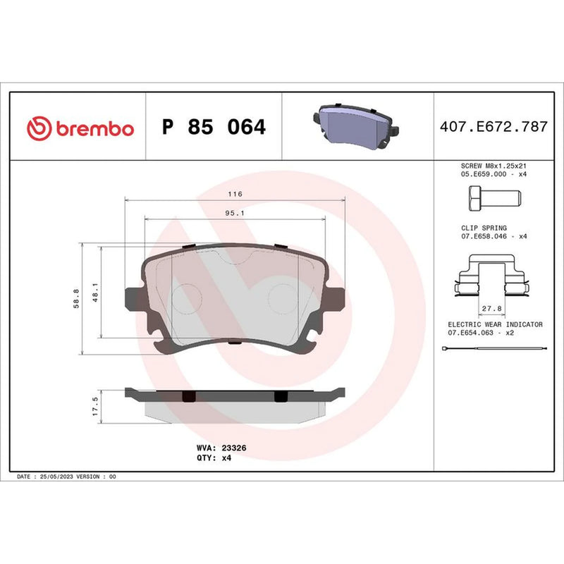 Brembo 4 x Rear Brake Pad Set P85064