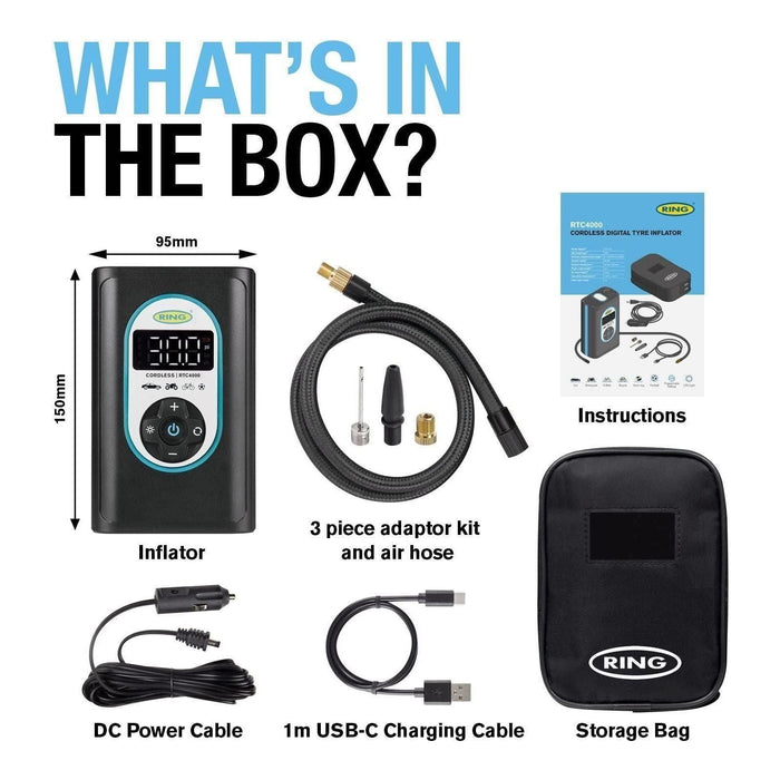 Ring Automotive RTC4000 cordless tyre inflator air compressor car pump. Recharge Ring  - Town Parts