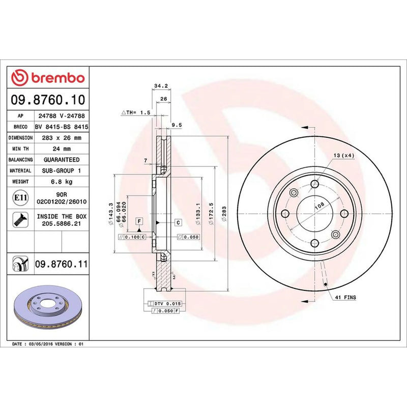 Brembo 2 x Internally Vented Front Brake Discs 09.8760.11