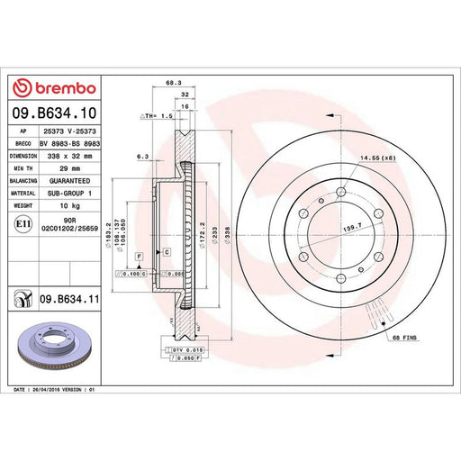 Brembo 2 x Internally Vented Front Brake Discs 09.B634.11