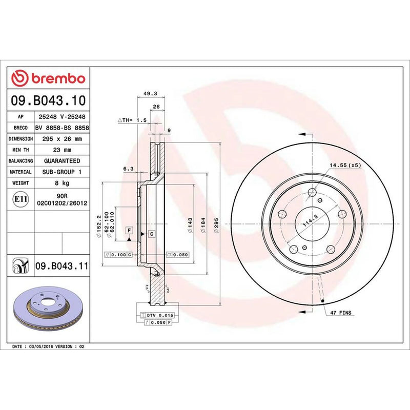 Brembo 2 x Internally Vented Front Brake Discs 09.B043.11