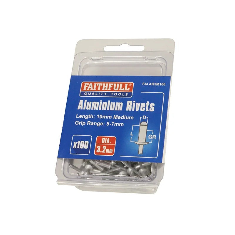Faithfull Aluminium Rivets 3.2 x 10mm Medium Pre-Pack of 100 - FAIAR3M100
