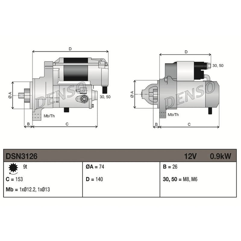 Denso Starter Motor 12V 0.9kW 9 Teeth DSN3126