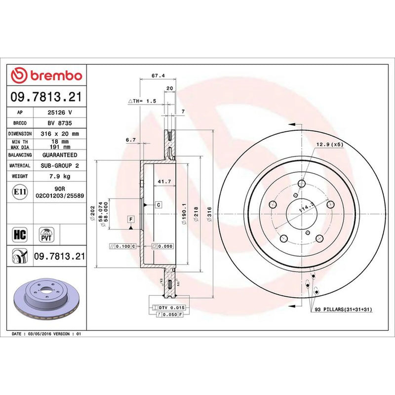 Brembo 2 x Internally Vented Rear Brake Discs 09.7813.21