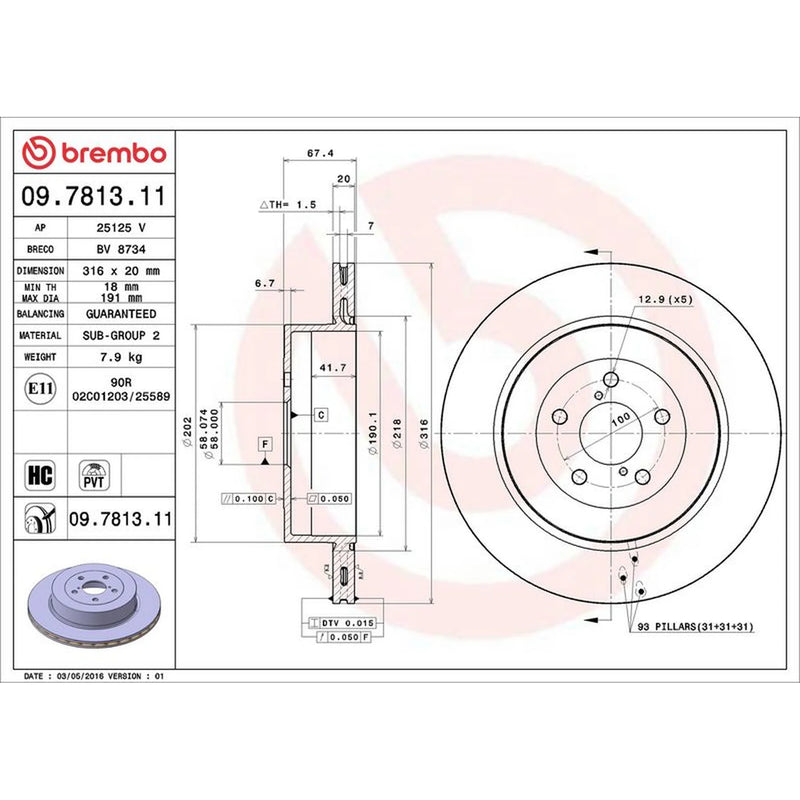 Brembo 2 x Internally Vented Rear Brake Discs 09.7813.11