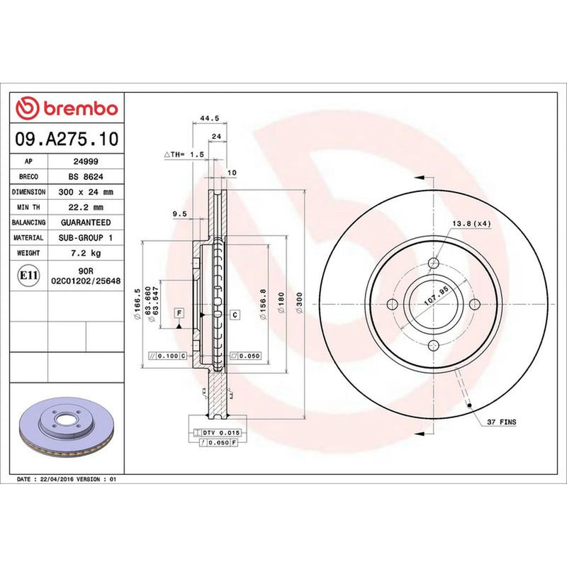 Brembo 2 x Internally Vented Front Brake Discs 09.A275.10