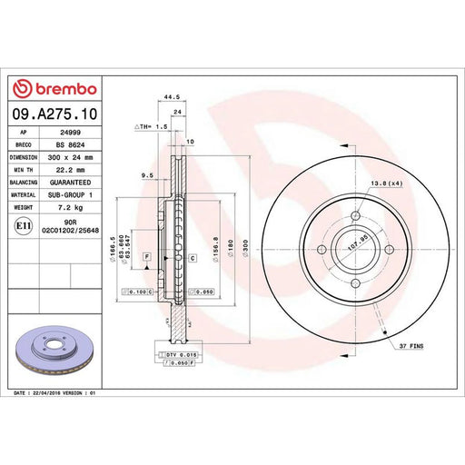 Brembo 2 x Internally Vented Front Brake Discs 09.A275.10