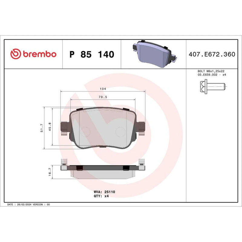 Brembo 4 x Rear Brake Pad Set P85140