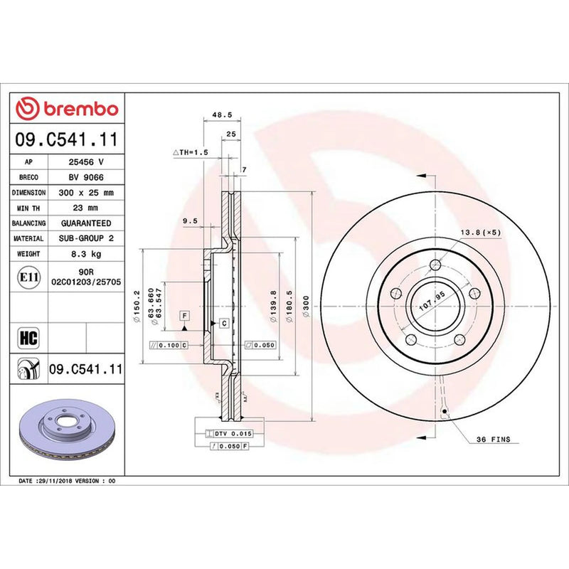 Brembo 2 x Internally Vented Front Brake Discs 09.C541.11
