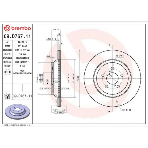 Brembo 2 x Internally Vented Rear Brake Discs 09.D767.11