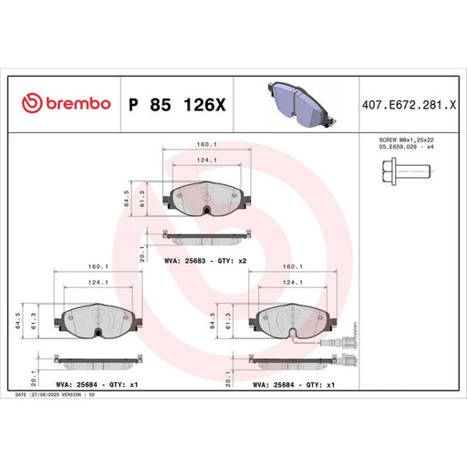 Brembo 4 x Front Brake Pad Set P85126X