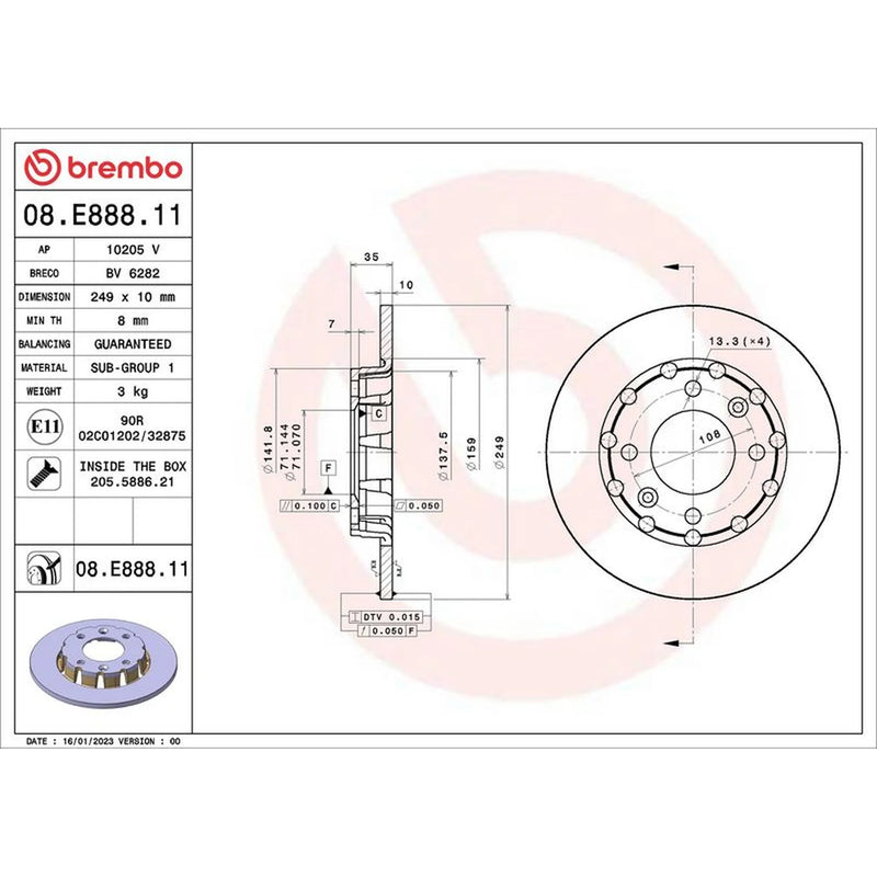 Brembo 2 x Solid Rear Brake Discs 08.E888.11