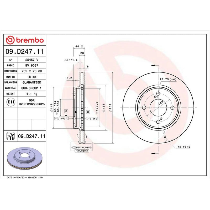 Brembo 2 x Internally Vented Front Brake Discs 09.D247.11