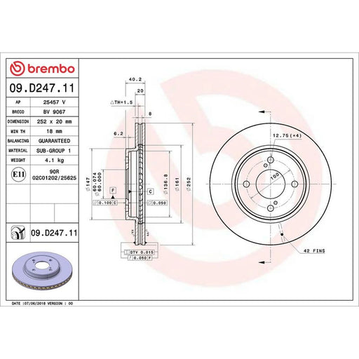 Brembo 2 x Internally Vented Front Brake Discs 09.D247.11