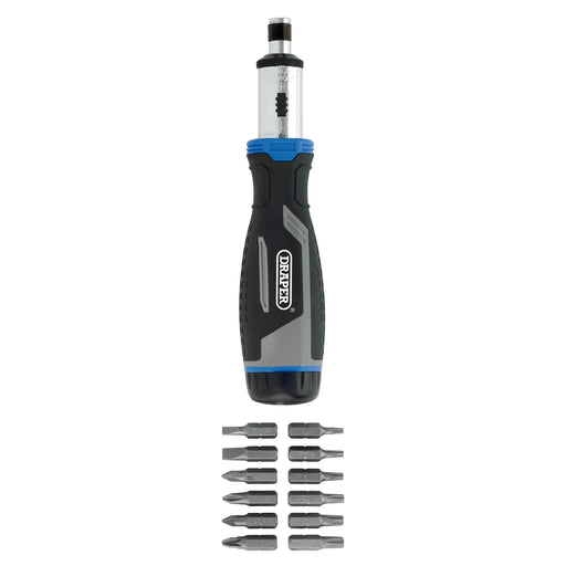 Draper Soft Grip Ratchet Screwdriver and Bit Set, 1/4" (13 Piece)