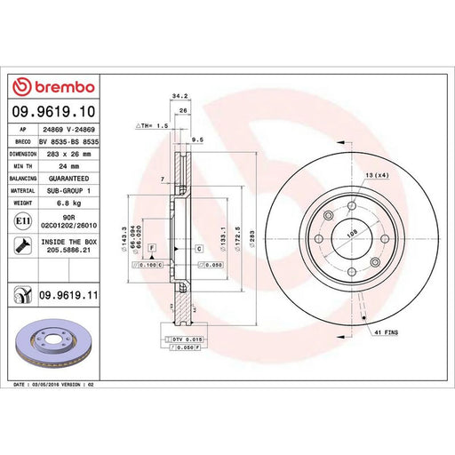 Brembo 2 x Internally Vented Front Brake Discs 09.9619.11