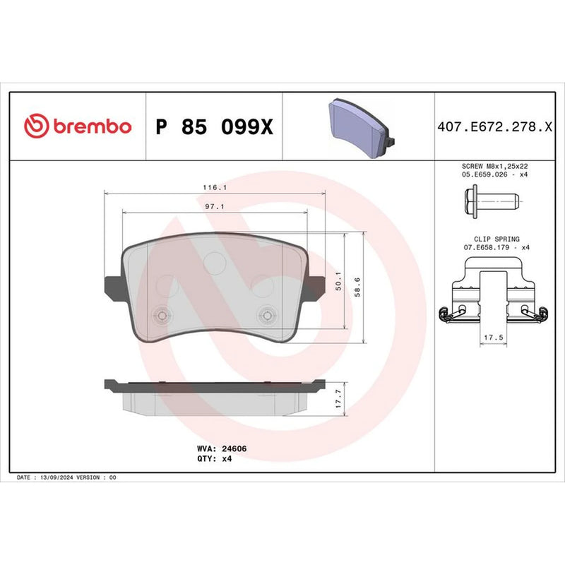 Brembo 4 x Rear Brake Pad Set P85099X