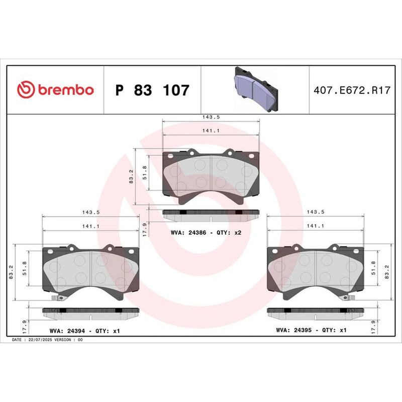 Brembo 4 x Front Brake Pad Set P83107