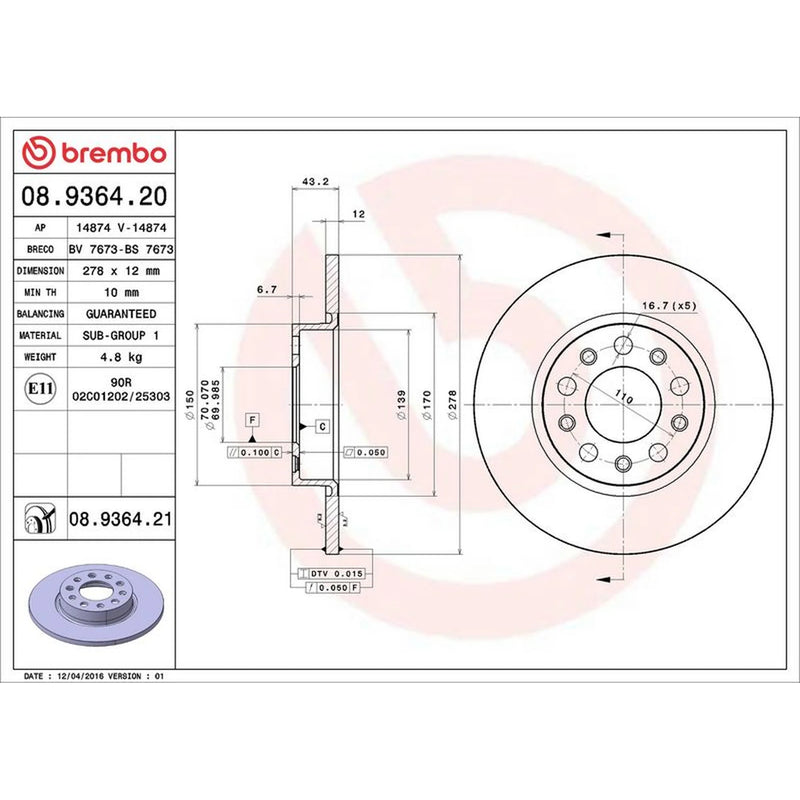 Brembo 2 x Solid Rear Brake Discs 08.9364.21