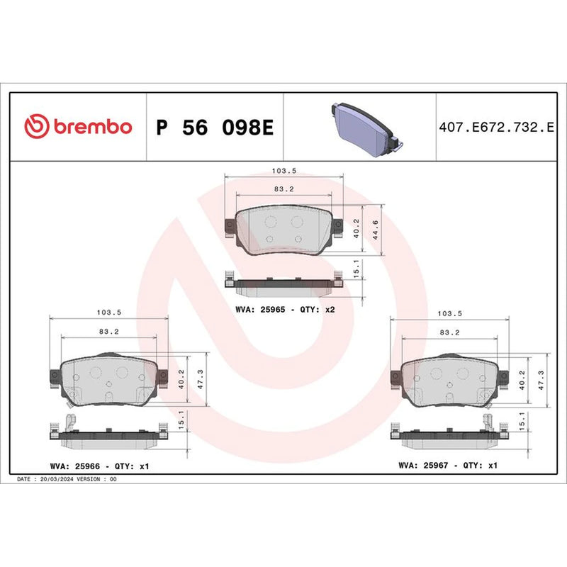 Brembo 4 x Rear Brake Pad Set P56098E