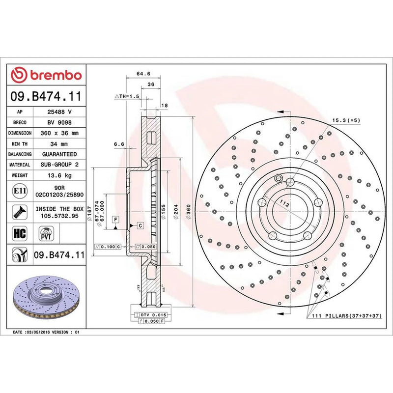 Brembo 2 x Perforated/Vented Front Brake Discs 09.B474.11