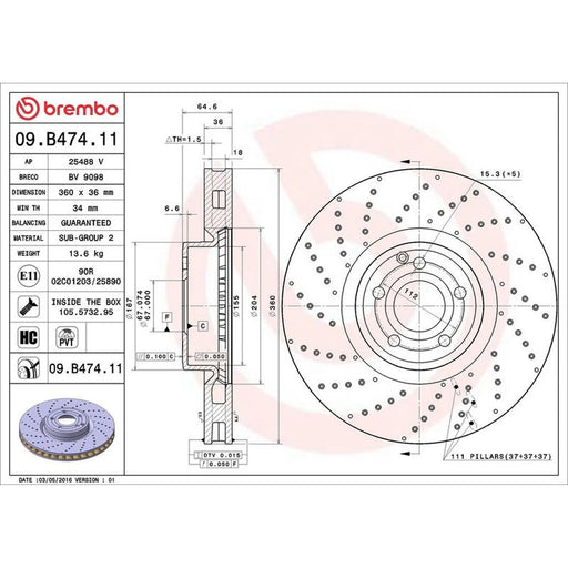 Brembo 2 x Perforated/Vented Front Brake Discs 09.B474.11
