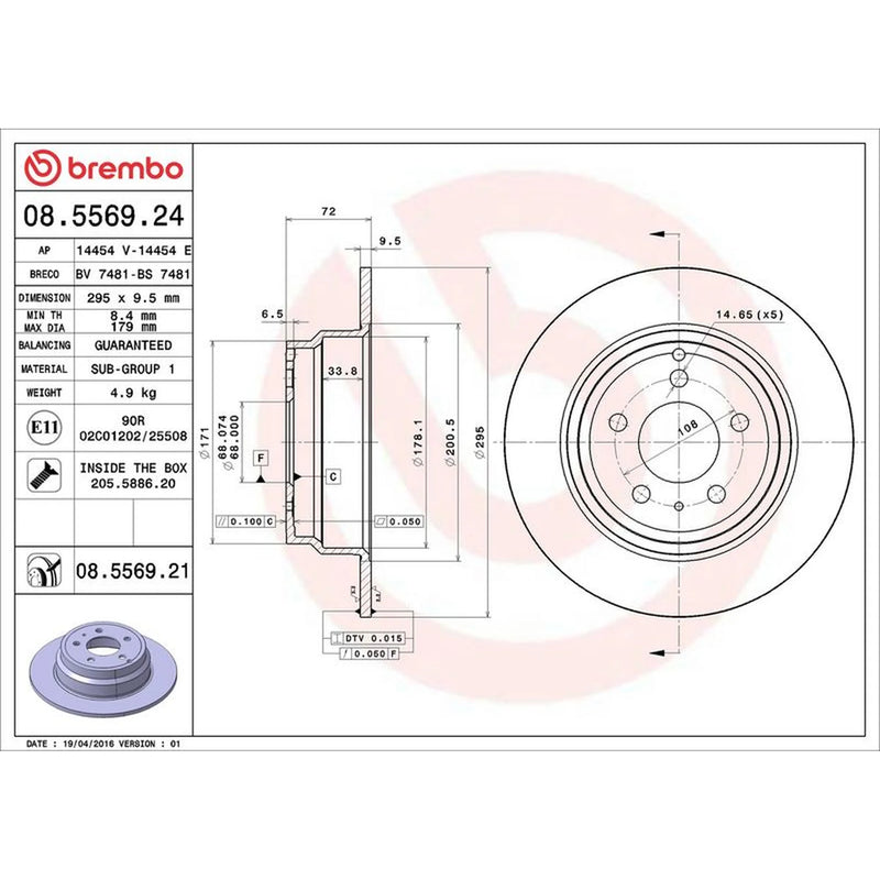 Brembo 2 x Solid Rear Brake Discs 08.5569.21