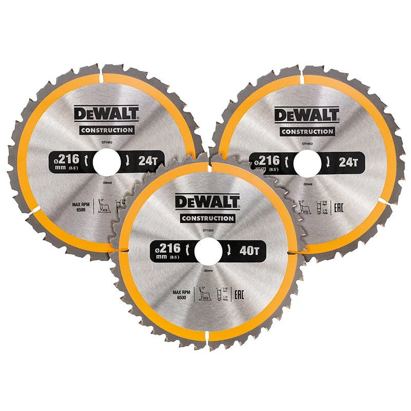 DEWALT Power Tools DT1962 Construction Circular Saw Blade 3 Pack 216 x 30mm 2 x