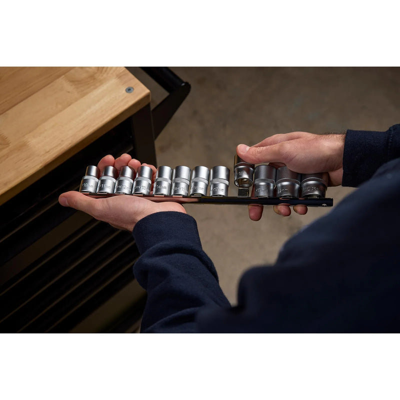 Draper Socket Set on Metal Rail, 1/2" Sq. Dr. (12 Piece)