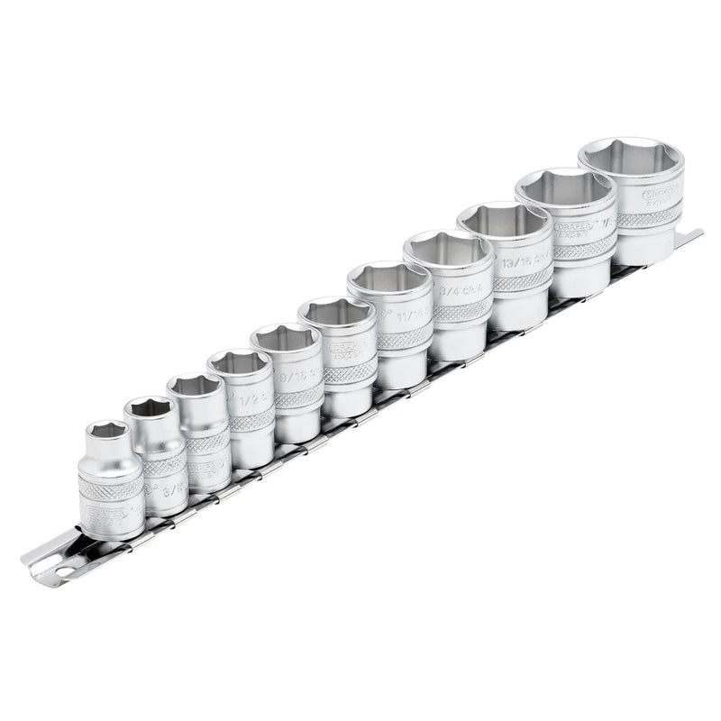 Draper Expert Imperial Socket Set on Metal Rail, 11 Piece