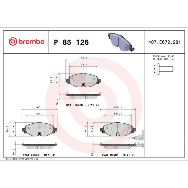 Brembo 4 x Front Brake Pad Set P85126X