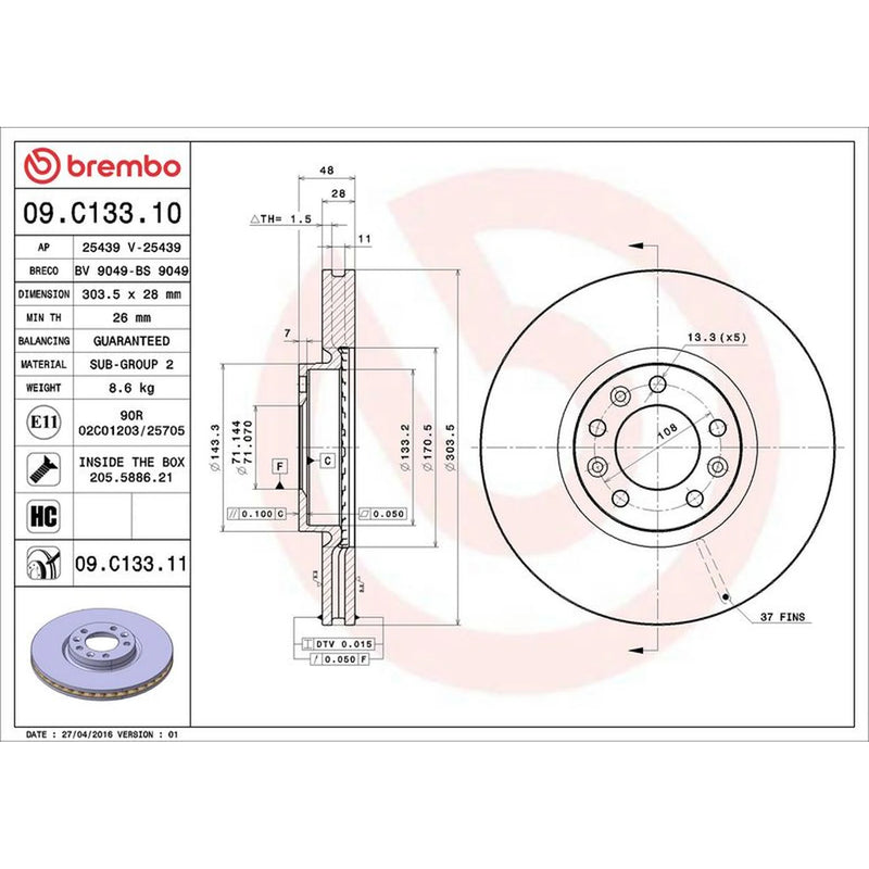 Brembo 2 x Front Brake Discs 09.C133.11