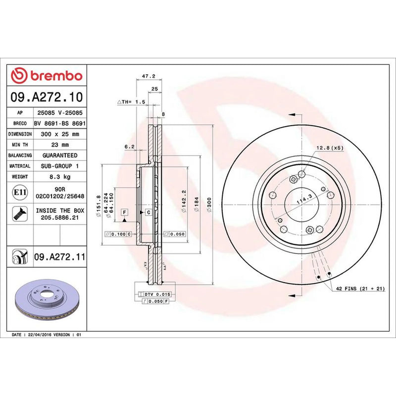 Brembo 2 x Front Brake Discs 09.A272.11